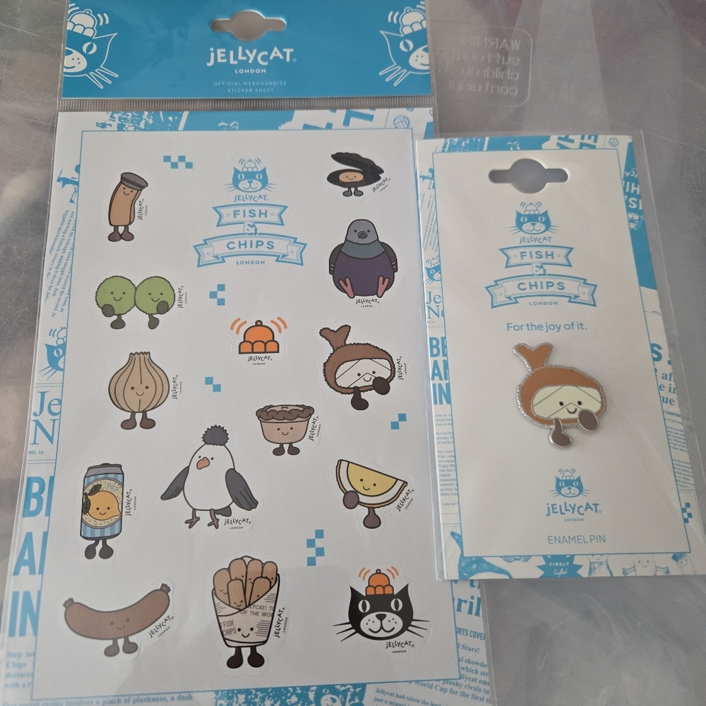Jellycat Fish & Chips Stickers and Lily Fish Pin  New with Tags!